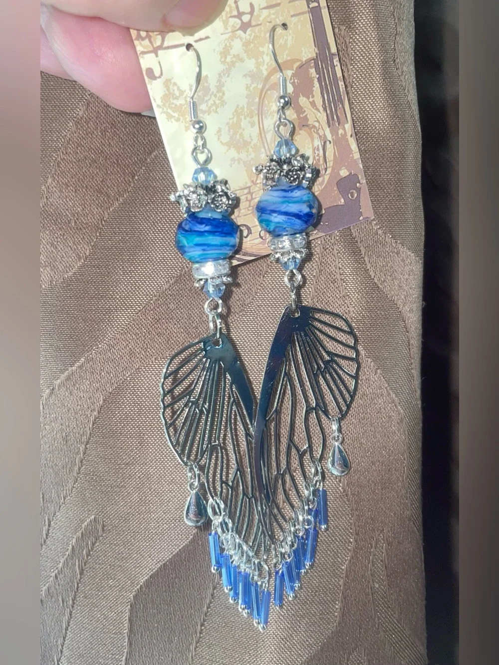 Starry Night Silver Wing Dangle Earrings - Picture 4 of 8